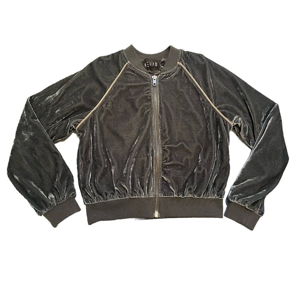 Rehab Velvet Bomber Jacket Women's Sz S Blue/Grey Long Sleeve Full Zip Retro Y2K